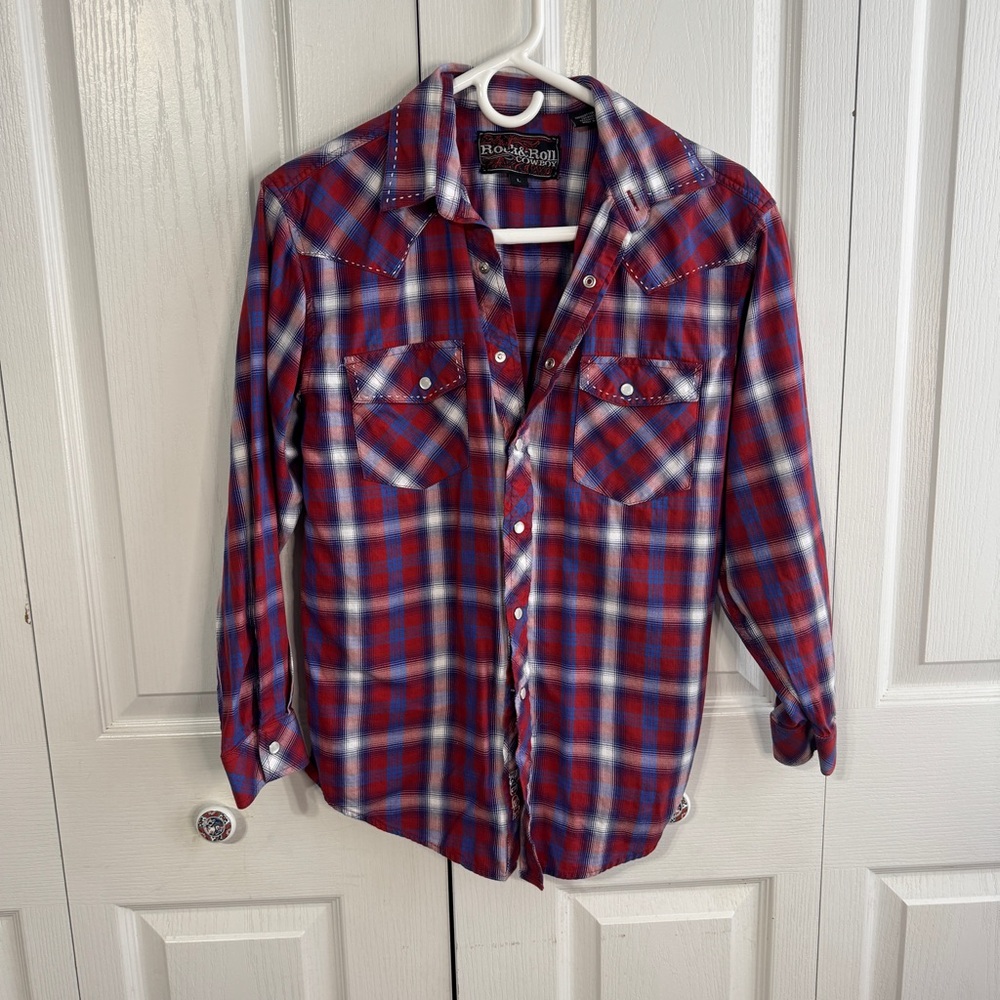 Rock &‎ Roll Cowboy red blue plaid pearl snap size large